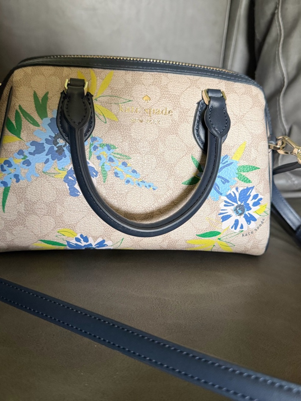 Kate Spade Beige Floral Dome Satchel with Blue Accents with matching wallet